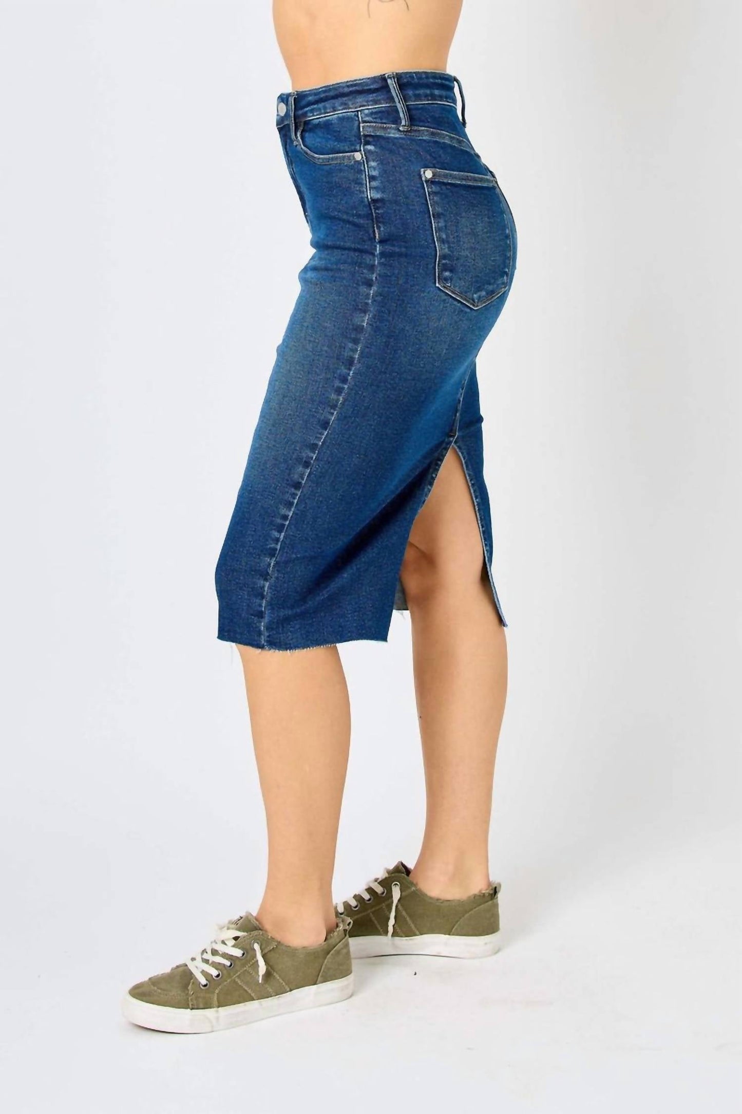 Judy Blue - Mid Length Denim Skirt With Slit In Back