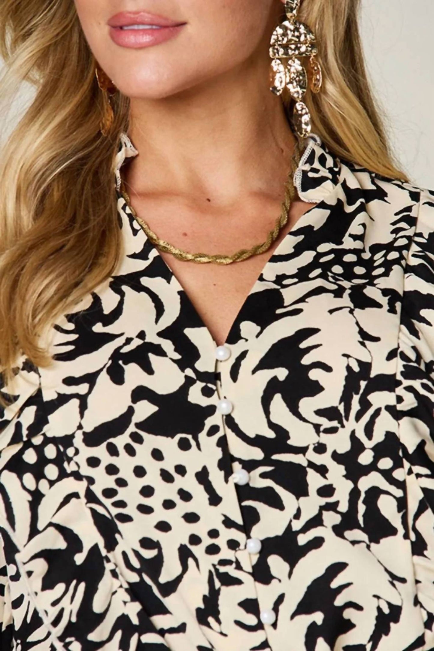 Double Take - Full Size Printed Ruffle Trim Balloon Sleeve Shirt