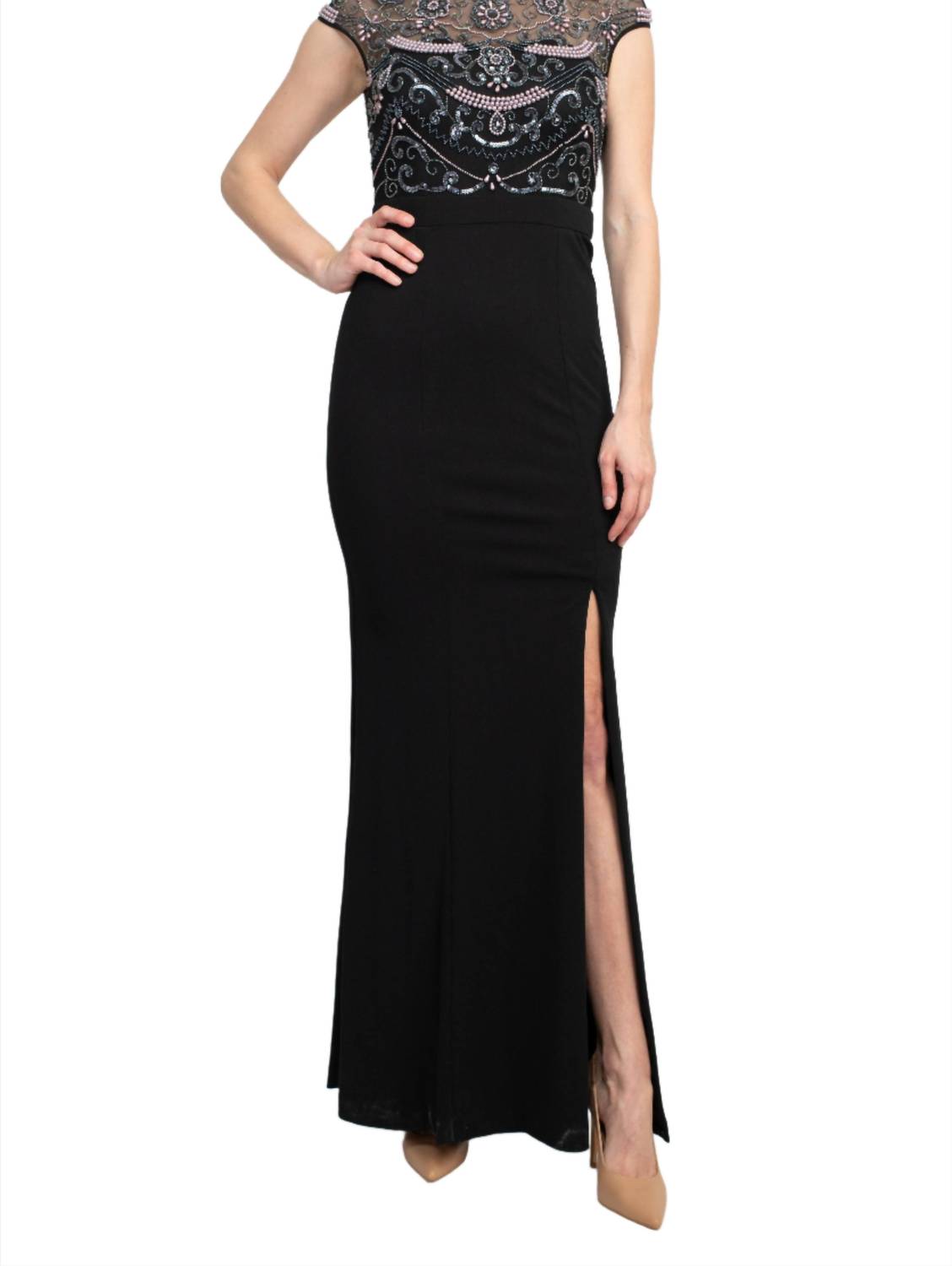 Aidan Mattox - Embellished Mesh Bodice Crepe Dress