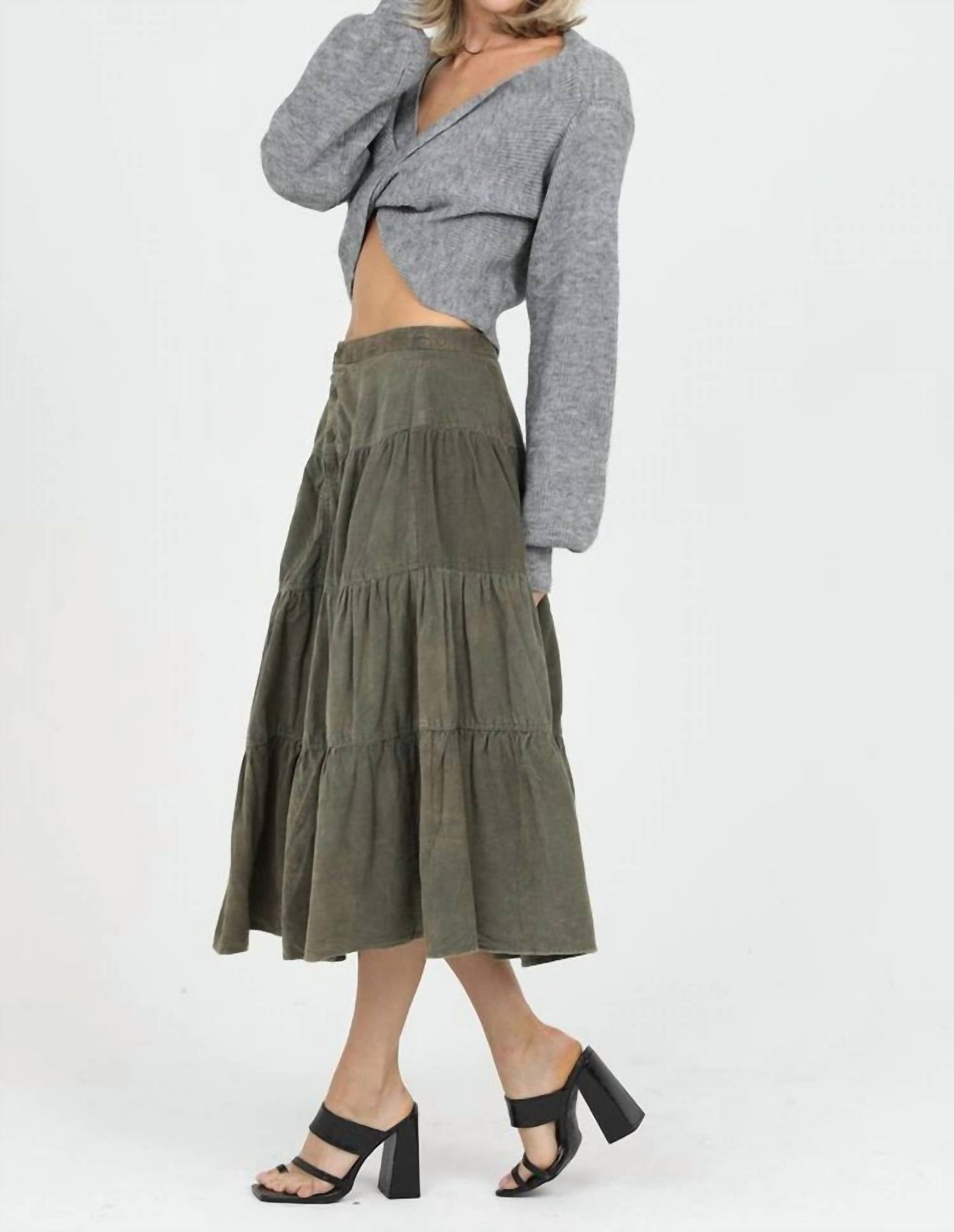 Angie - Button Front Tiered Corduroy Skirt