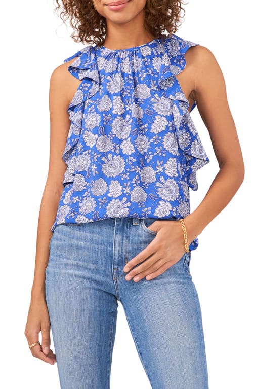 Vince Camuto Floral Ruffle Edge Sleeveless Blouse in Deep Blue, Size Large