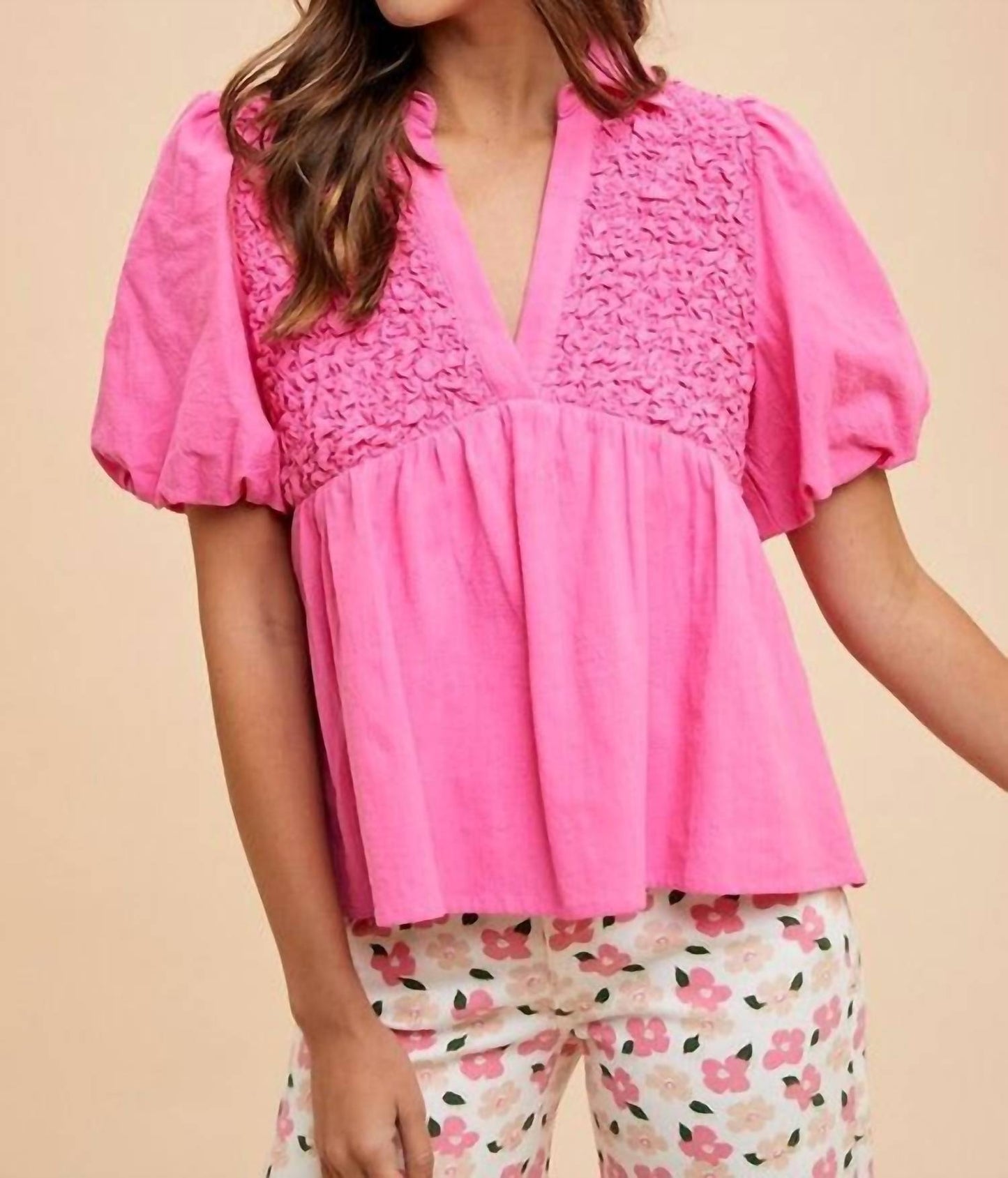 Anniewear - Honeycomb Smocked Babydoll Blouse