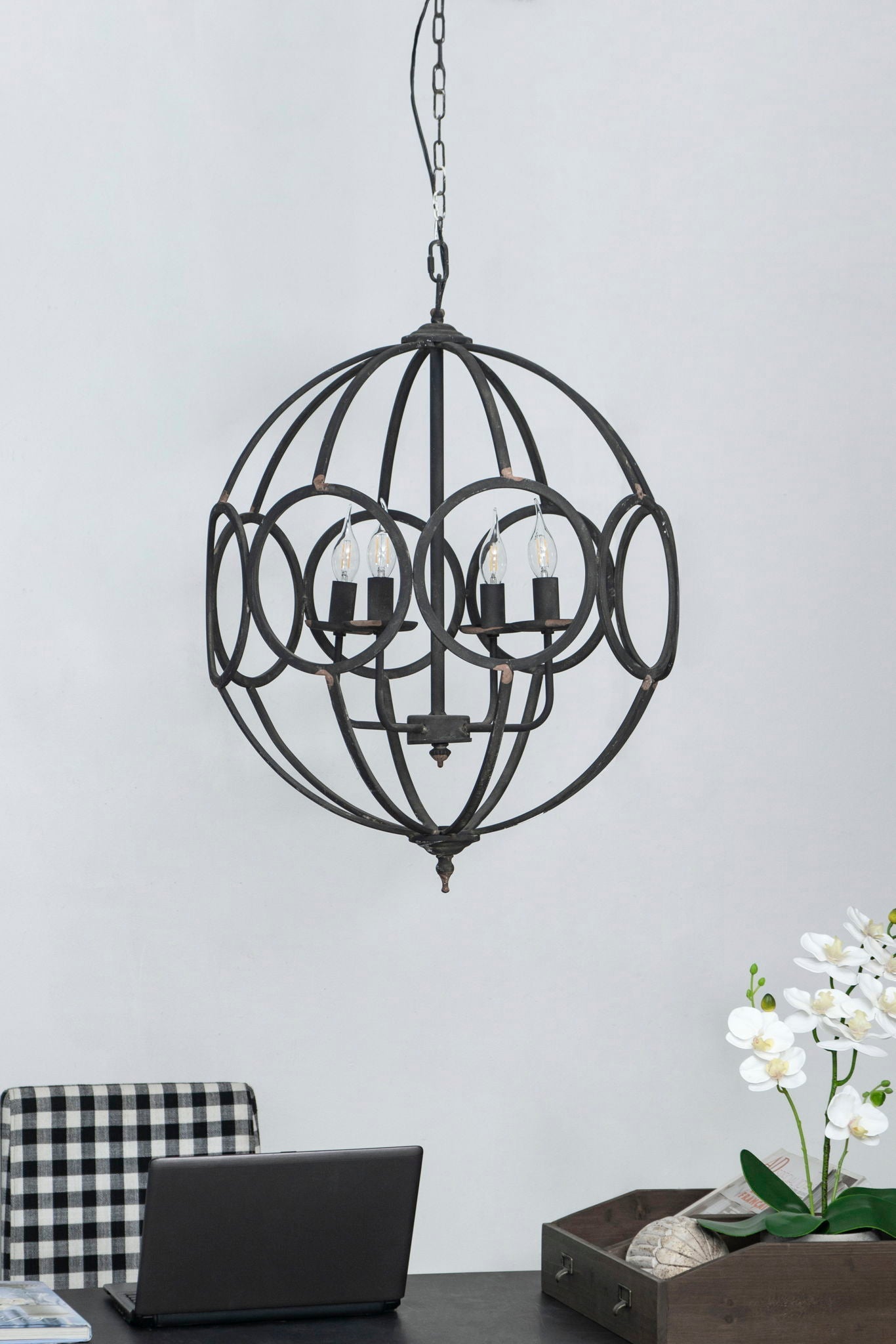 4 Light Metal Chandelier in Black Iron with Adjustable Chain