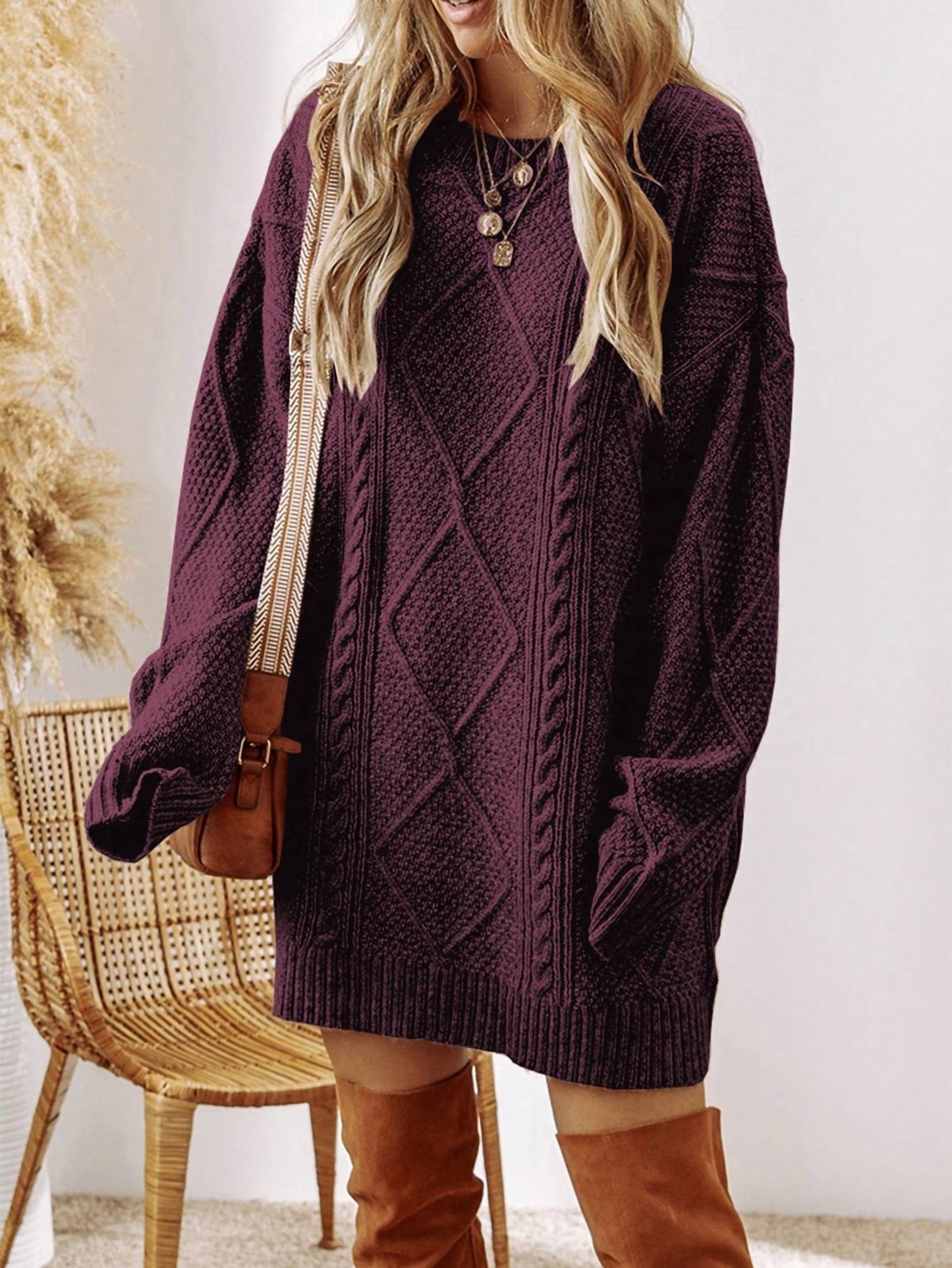 1 The Woman - Cable Knit Drop Shoulder Loose Fit Sweater Dress