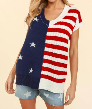 Haptics - Blusa de malha patriótica com decote em V e bandeira americana