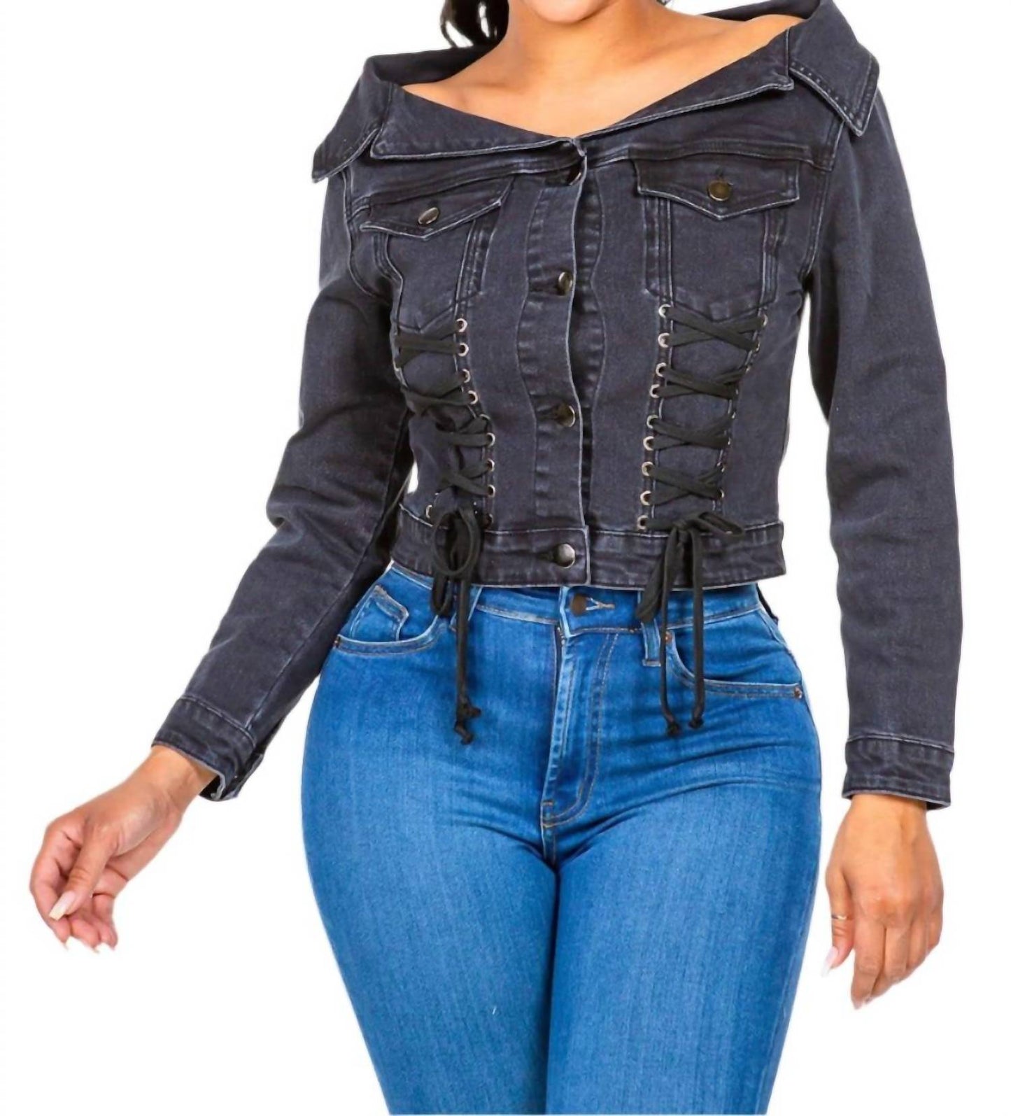 American Bazi - Chic Off Shoulder Lace Up Denim Jacket