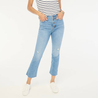 J.Crew - Calça jeans flare cropped de cintura alta com elasticidade para o dia todo