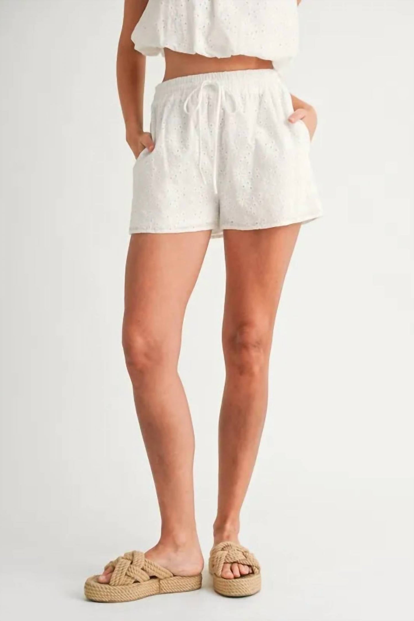 Mable - Eyelet Bubble Hem Sleeveless Top And Shorts Set