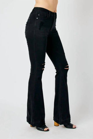 Judy Blue - Calça Jeans Flare Destroy com Controle de Barriga de Cintura Alta