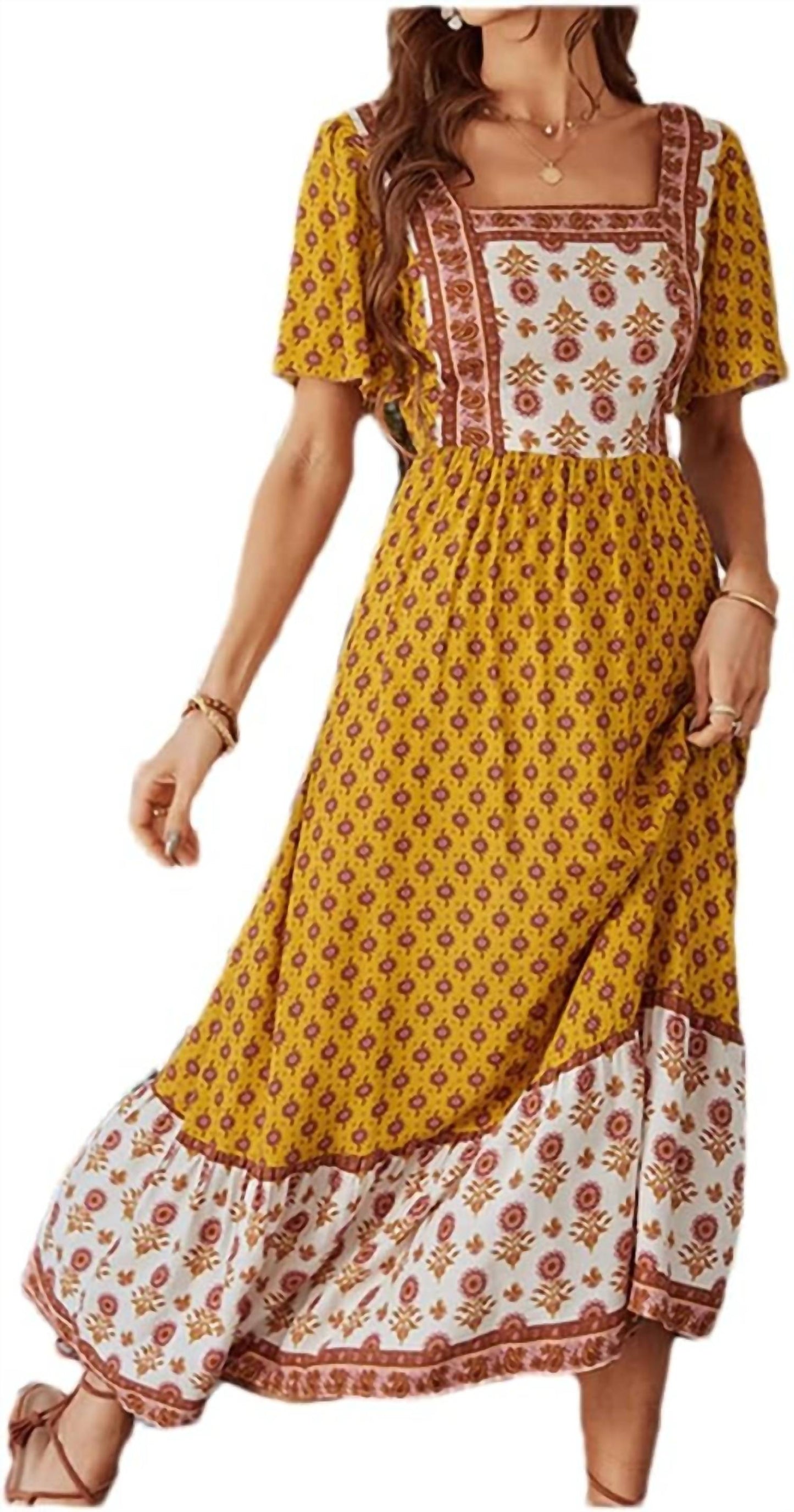 Supreme Fashion - Square Neck Short Sleeve Floral Maxi Dress