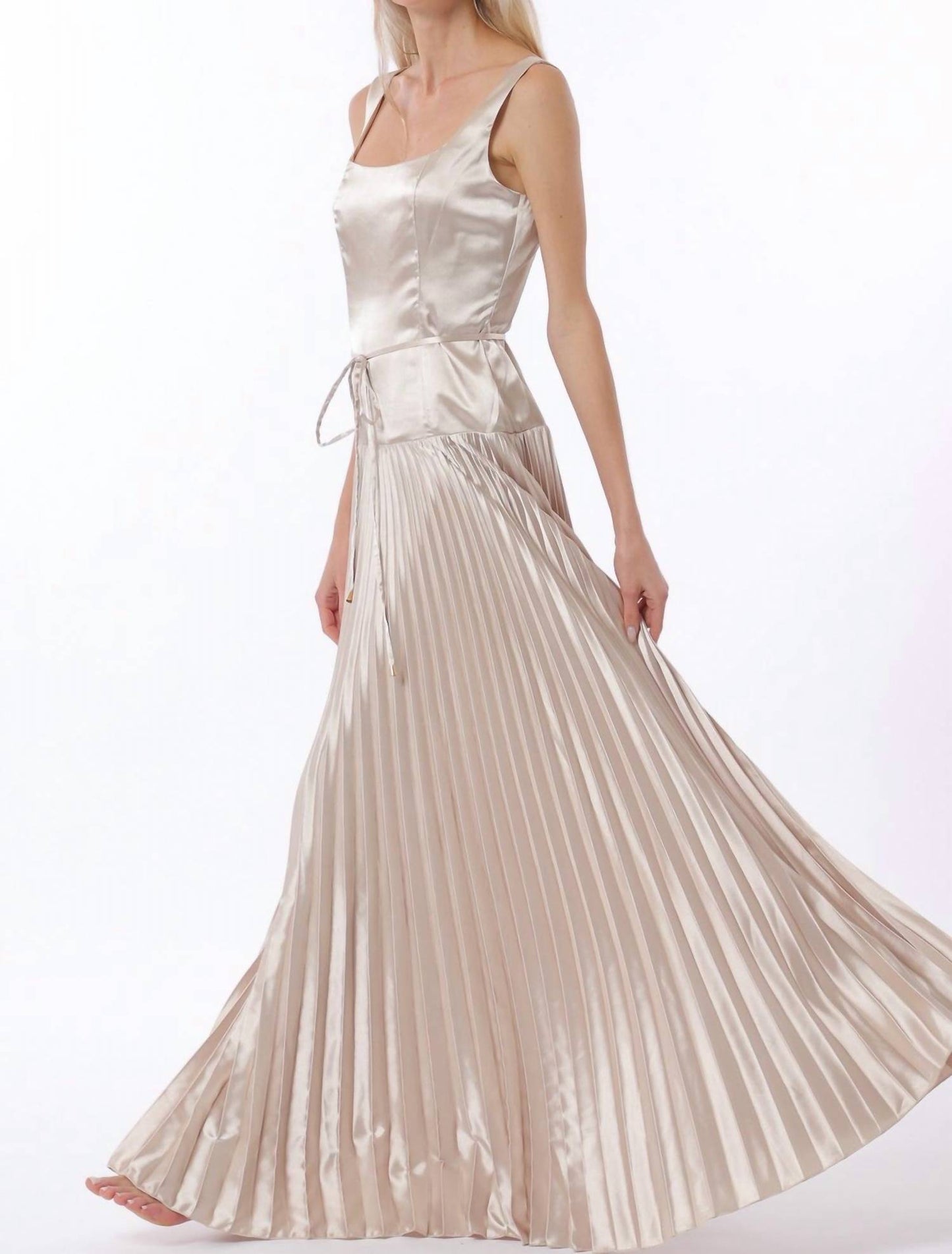 Aakaa - Sleeveless Tie Front Waisted Pleat Maxi Dress