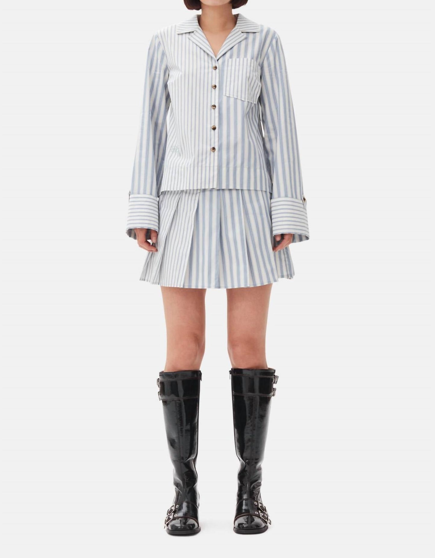 Ganni - Stripe Cotton Pleated Mini Skirt