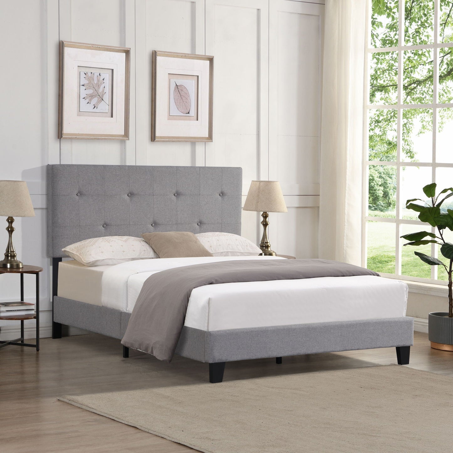 Queen Size Upholstered Platform Bed Frame With Button Tufted Linen Headboard