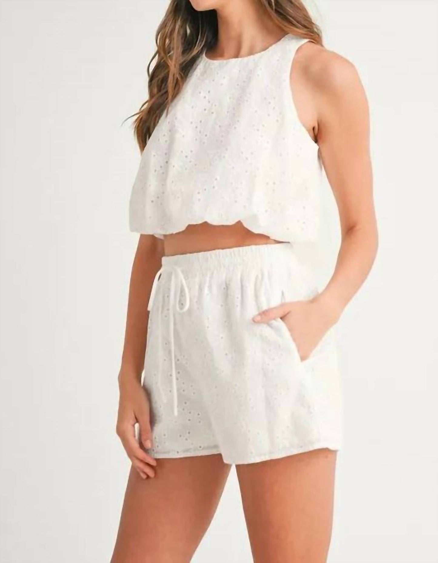 Mable - Eyelet Bubble Hem Sleeveless Top And Shorts Set