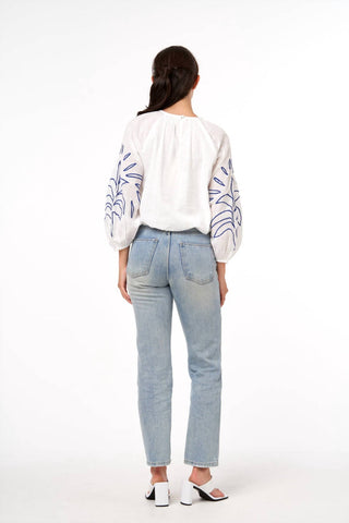 Ciebon - Embroidered Bishop Sleeve Bubble Top