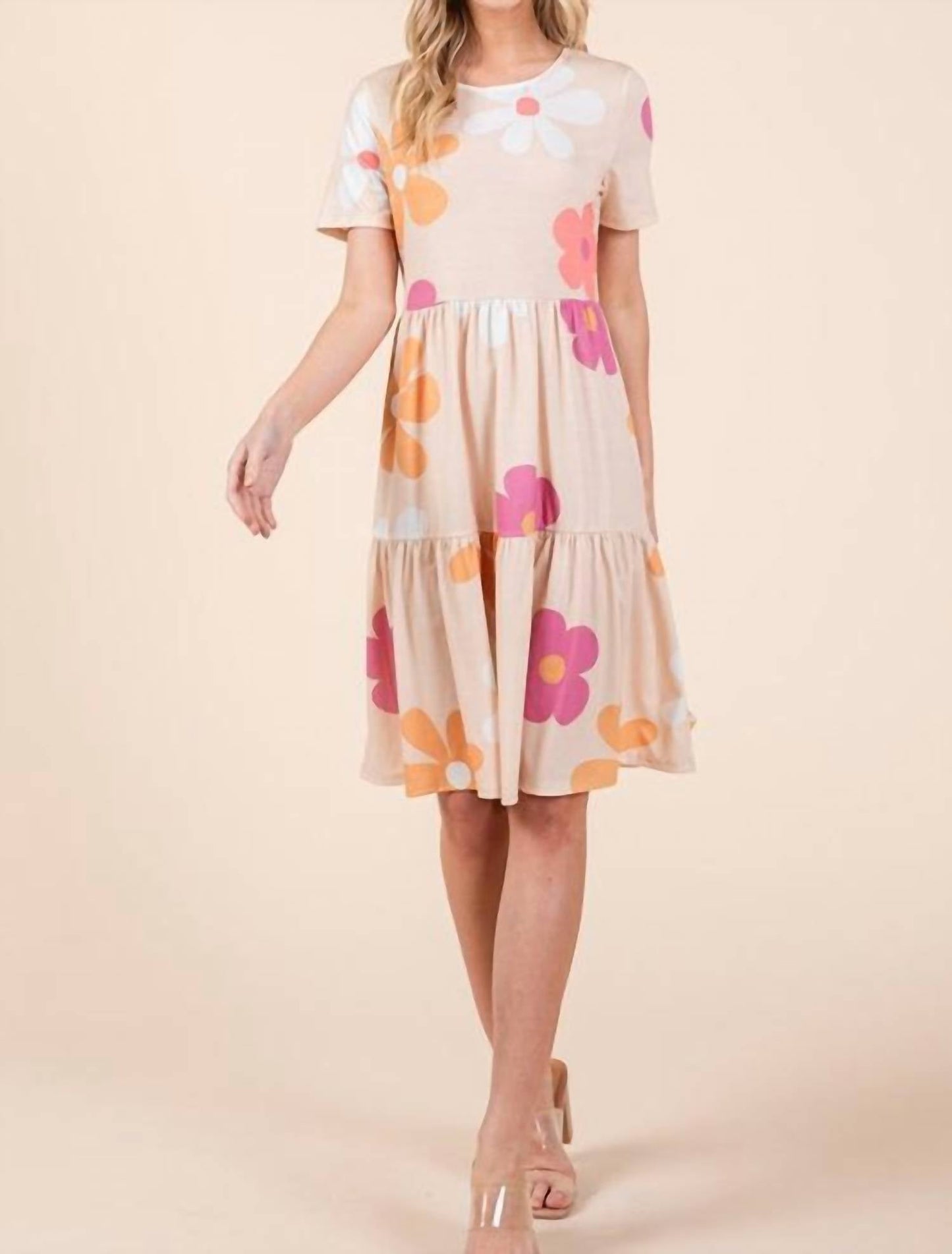 Trendsi - Bombom Floral Round Neck Short Sleeve Tiered Dress
