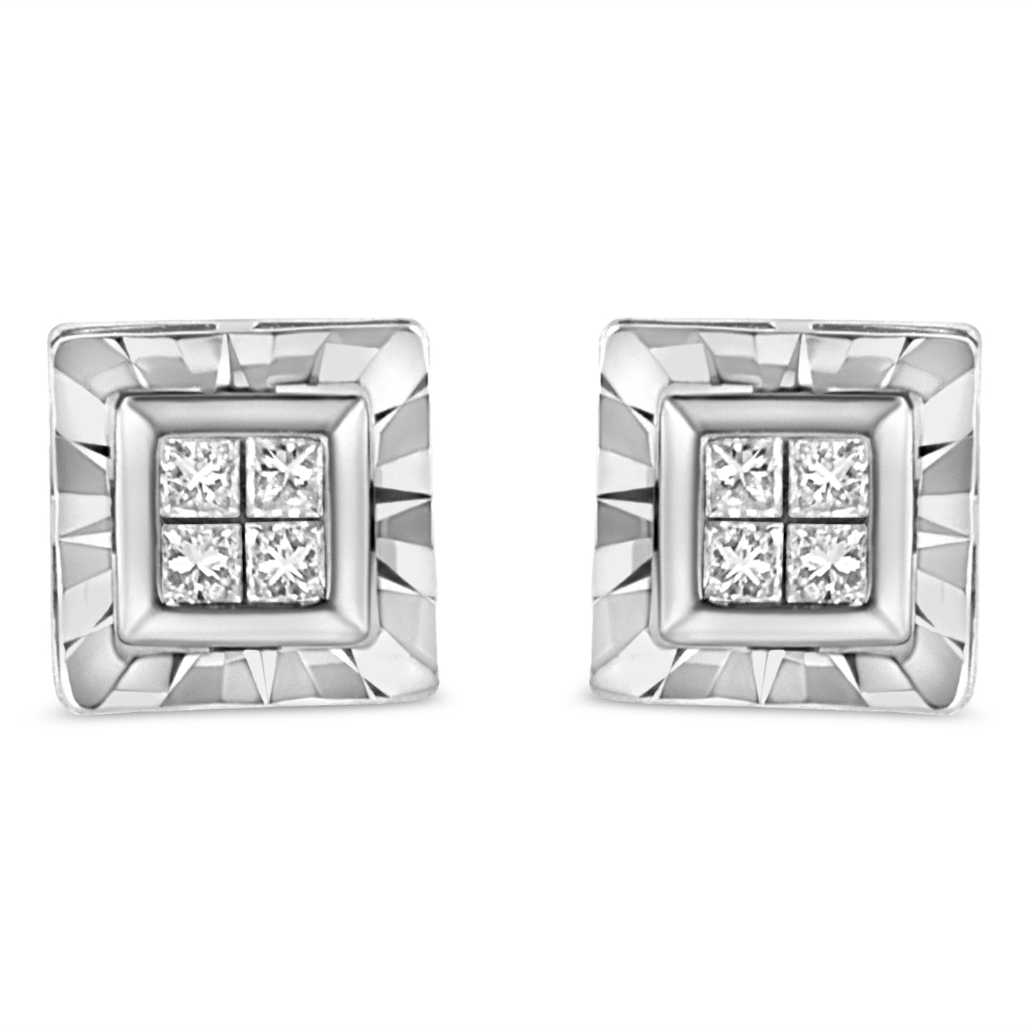 .925 Sterling Silver 1/6 Cttw Invisible Set Princess-Cut Diamond Quad Composite Stud Earrings (H-I Color, I1-I2 Clarity)