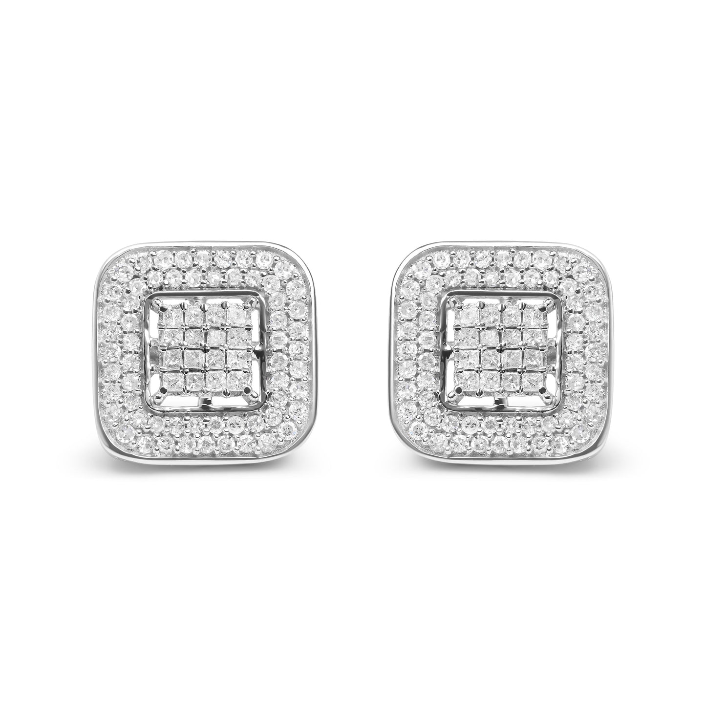 10K White Gold 1.0 Cttw Round and Princess Cut Diamond Composite Open Halo Stud Earrings (H-I Color, SI1-SI2 Clarity)