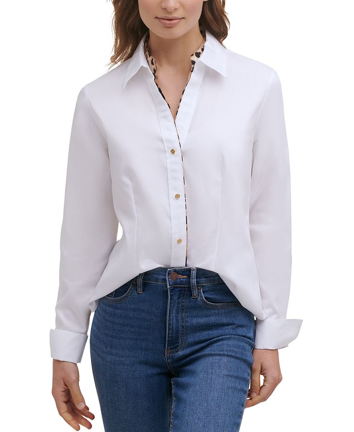 Camisa Calvin Klein Feminina com Botões e Acabamento em Leopardo, Branca, Tamanho P