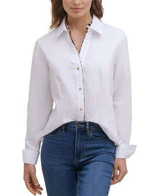Camisa Calvin Klein Feminina com Botões e Acabamento em Leopardo, Branca, Tamanho P