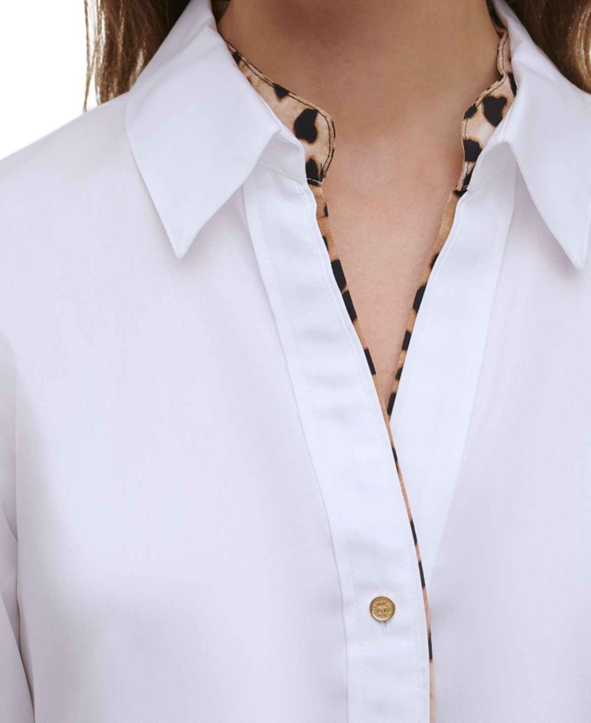 Camisa Calvin Klein Feminina com Botões e Acabamento em Leopardo, Branca, Tamanho P