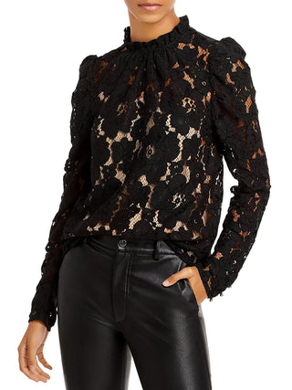 Blusa de renda Wayf Erika com mangas bufantes, preta, tamanho XS