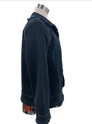 Multiples - Jaqueta jeans com franjas e manga 3/4 com punho e zíper