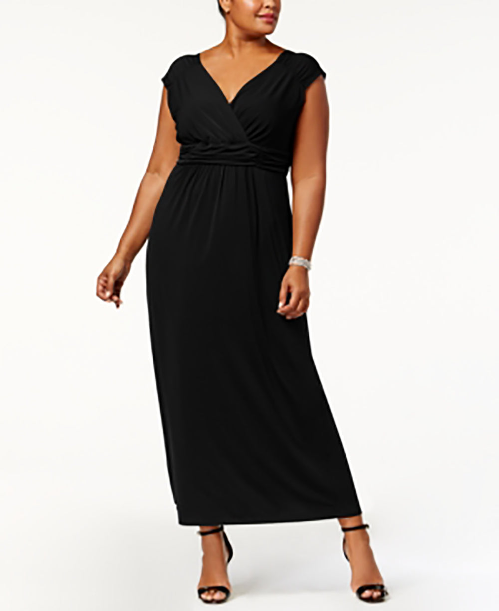 Vestido longo feminino plus size franzido estilo império, preto, tamanho 1X, da NY Collection
