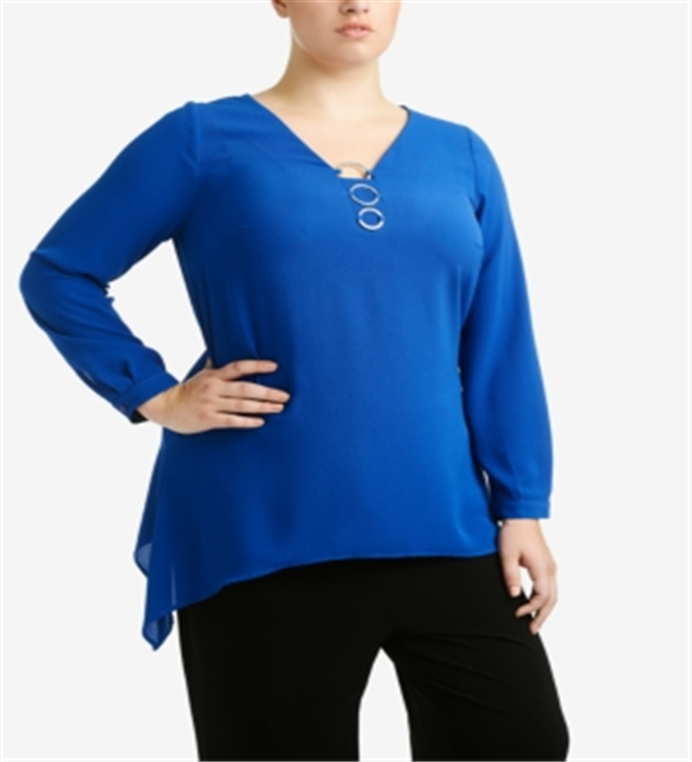 Top feminino plus size com três argolas e bainha Sharkbite da NY Collection, azul, tamanho 2X
