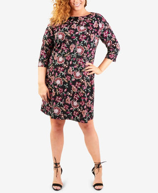 Vestido feminino plus size em malha jacquard com colar, coleção NY - preto/vinho, tamanho 2X