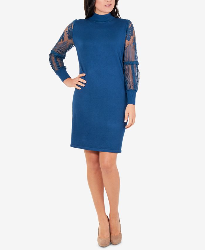 Vestido justo feminino NY Collection com manga de renda, azul, tamanho extragrande