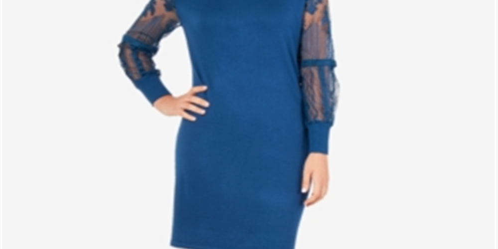 Vestido justo feminino NY Collection com manga de renda, azul, tamanho extragrande