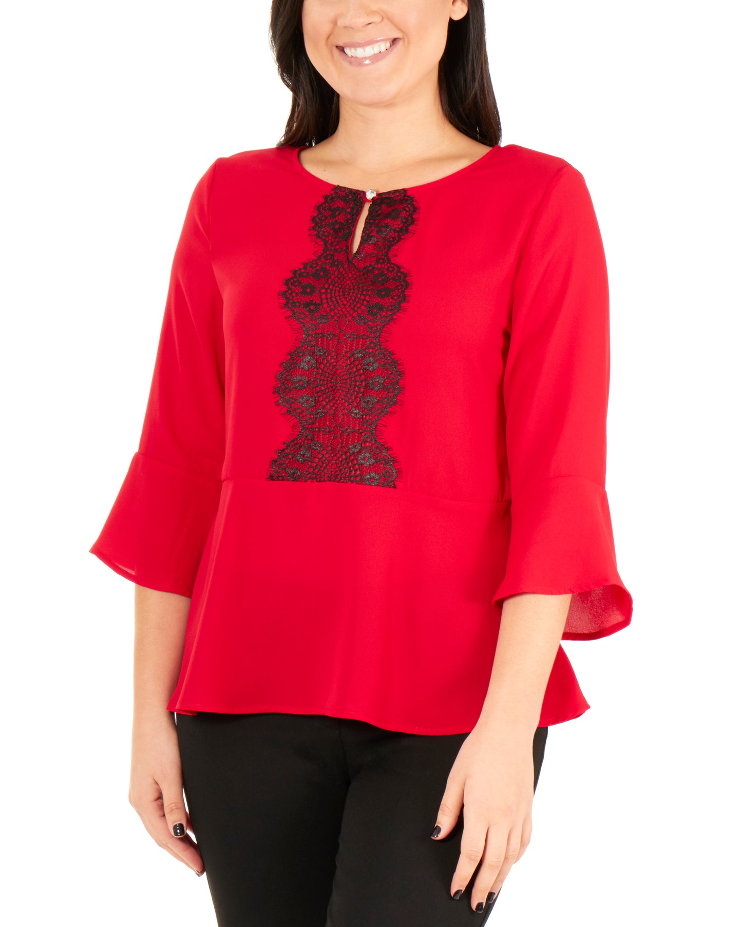 Blusa peplum feminina NY Collection com manga sino 3/4, vermelha, tamanho pequeno grande