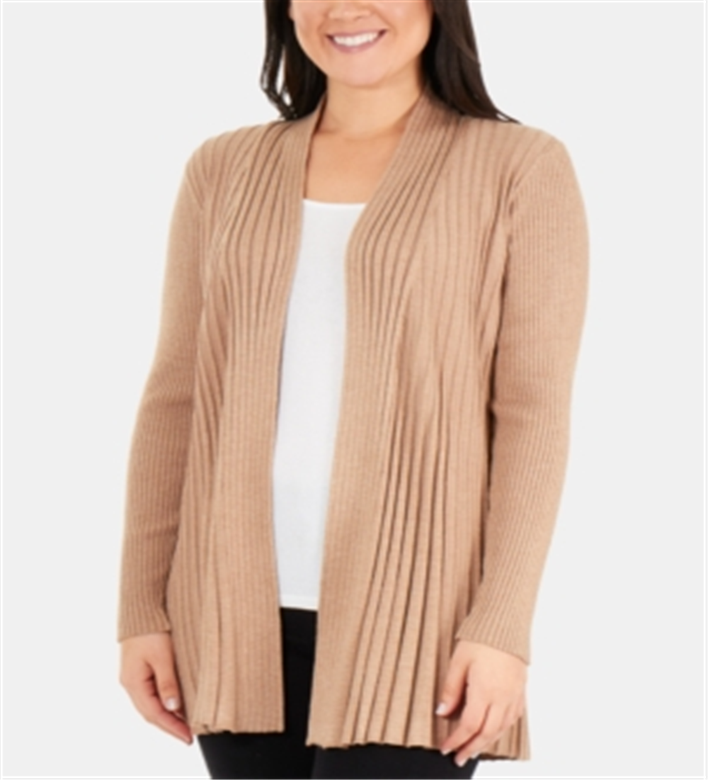 Cardigan feminino plissado com frente aberta da NY Collection, marrom, tamanho pequeno, extragrande