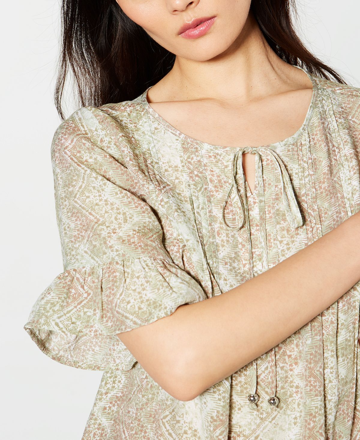 Blusa feminina estampada com manga sino da NY Collection, marrom, tamanho pequeno e pequeno