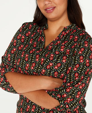 Blusa feminina NY Collection com estampa e mangas bufantes, preta, tamanho 2X