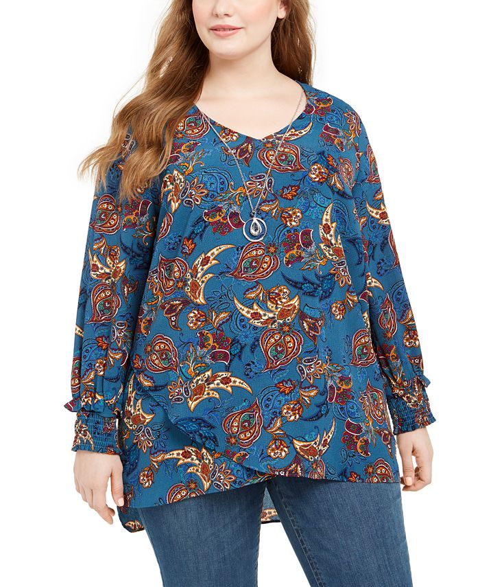 Blusa feminina com estampa plus size removível e colar azul, tamanho 2X, da NY Collection