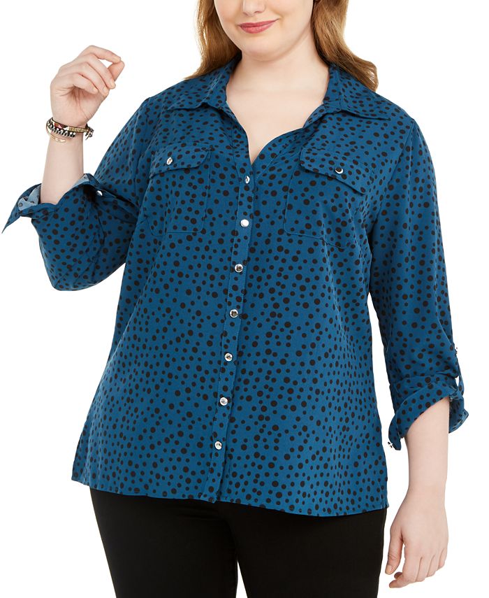 Camisa feminina de bolinhas com botões, azul, tamanho 2X, da NY Collection