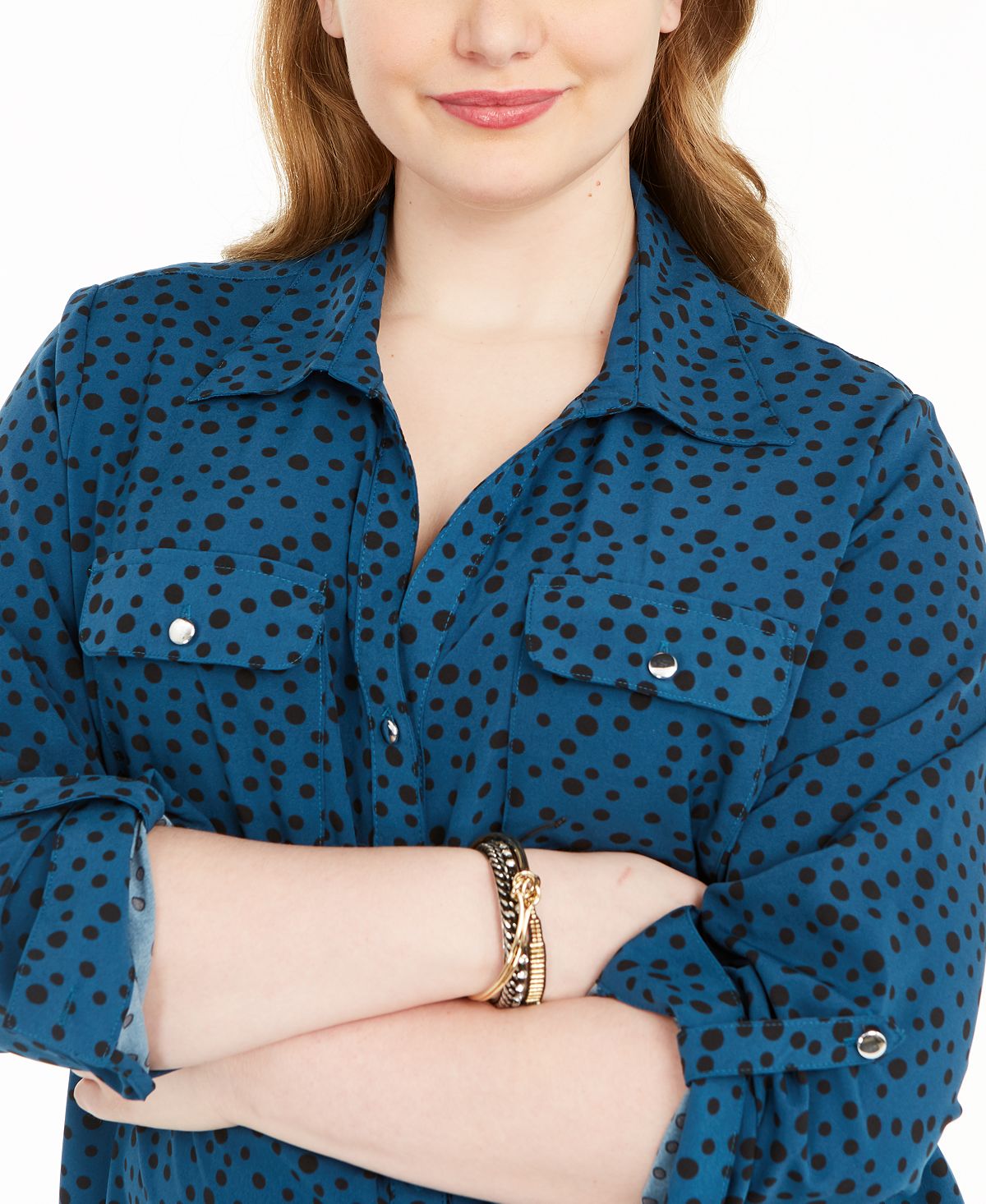 Camisa feminina de bolinhas com botões, azul, tamanho 2X, da NY Collection