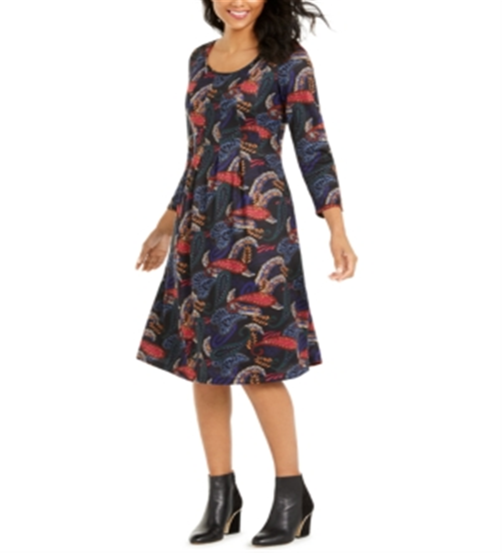 Vestido midi com estampa paisley na altura do joelho, coleção NY, feminino, preto, tamanho pequeno, médio