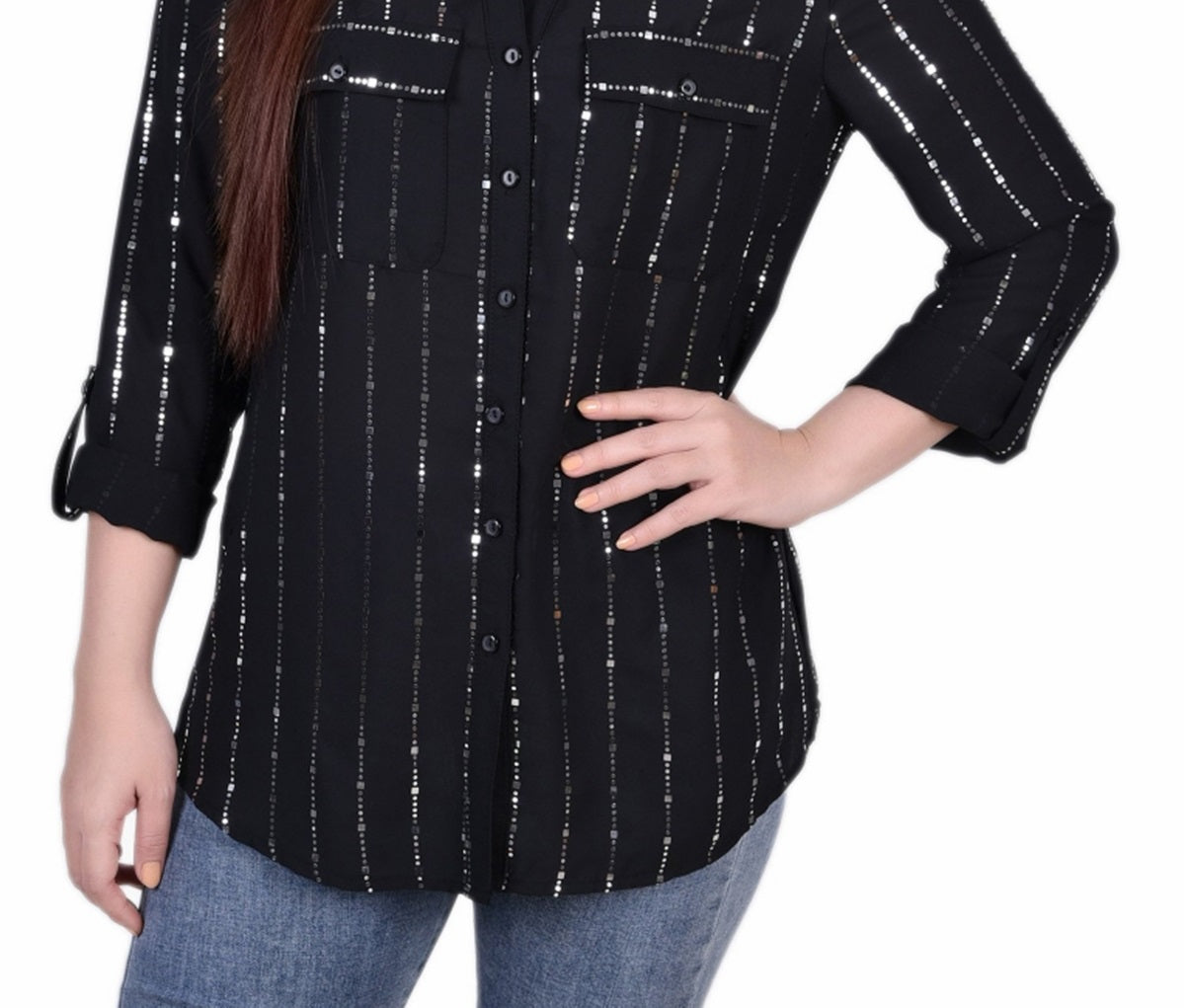 Blusa feminina NY Collection com aba dobrada e manga 3/4 e detalhes metálicos, preta, tamanho M