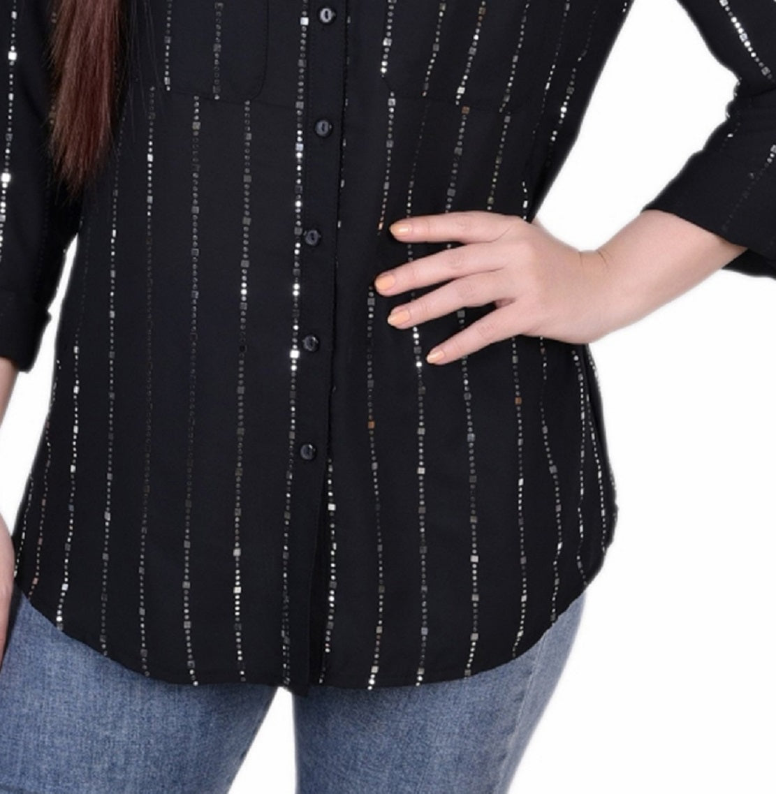 Blusa feminina NY Collection com detalhes metálicos, manga 3/4 e aba dobrada, preta, tamanho grande