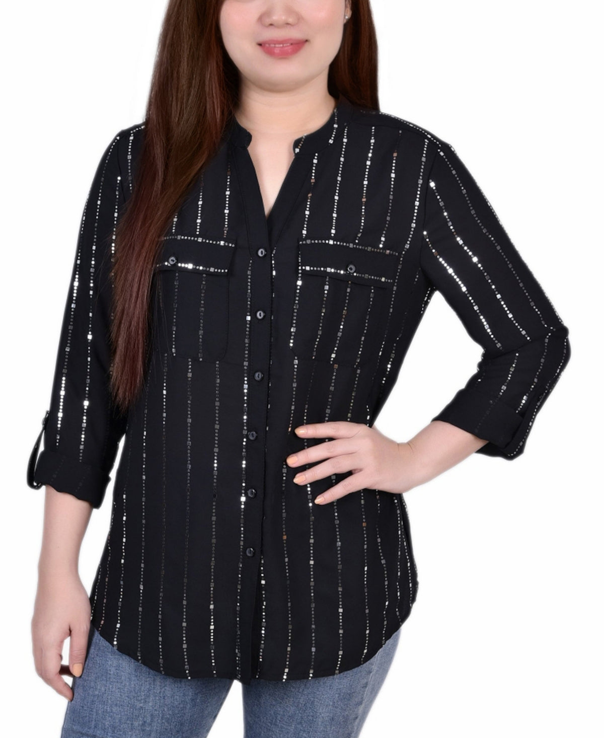 Blusa feminina NY Collection com detalhes metálicos, manga 3/4 e aba dobrada, preta, tamanho grande