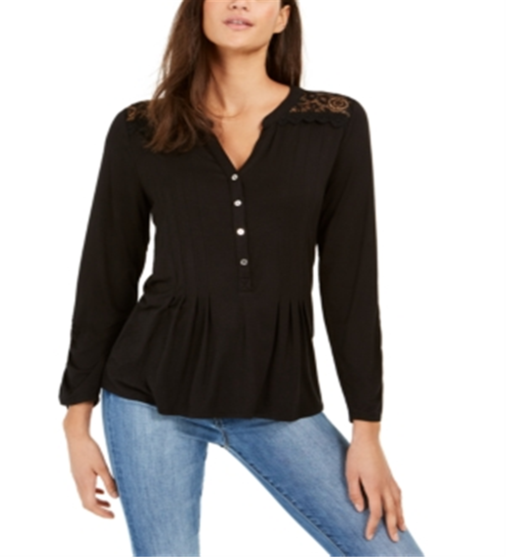 Blusa de malha com jugo de renda feminina NY Collection, preta, tamanho pequeno médio