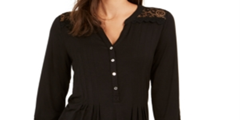 Blusa de malha com jugo de renda feminina NY Collection, preta, tamanho pequeno médio