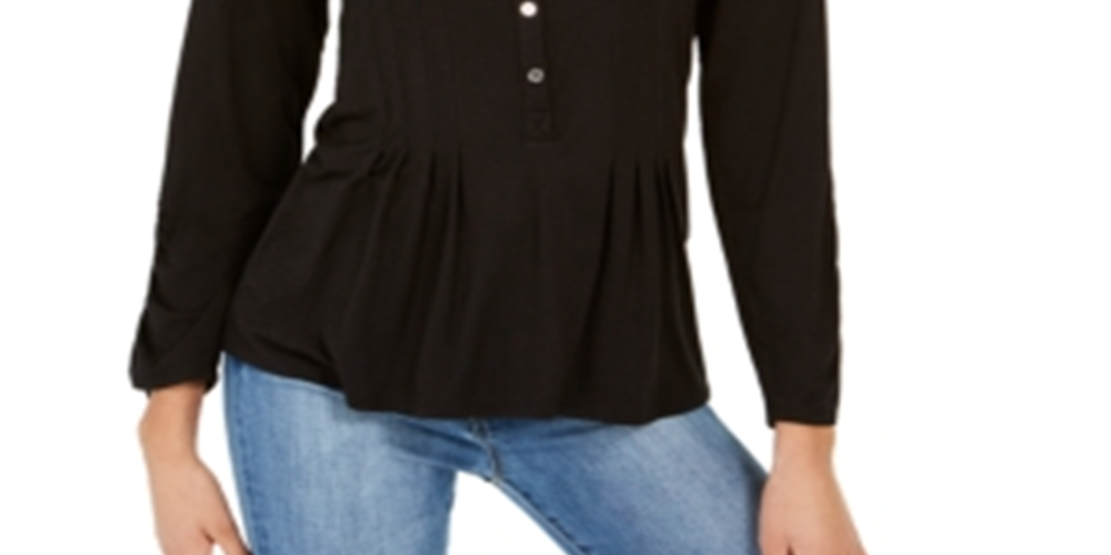 Blusa de malha com jugo de renda feminina NY Collection, preta, tamanho pequeno médio