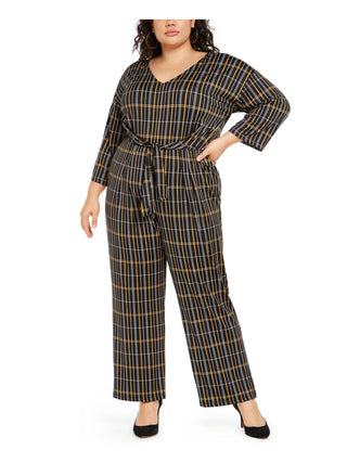 Macacão feminino plus size NY Collection com amarração frontal e decote em V, preto, tamanho 1X