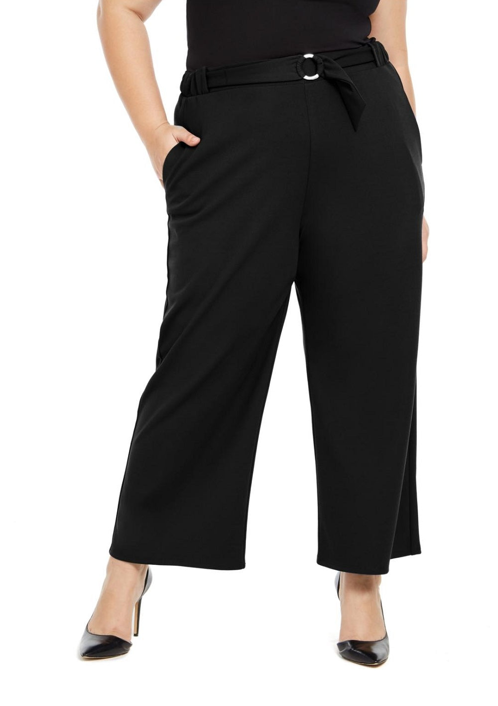 Calça feminina com cinto e argola NY Collection, preta, tamanho 2X