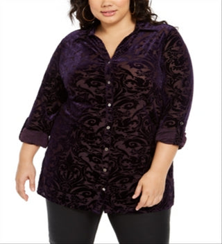 Blusa feminina plus size de veludo queimado NY Collection, roxa, tamanho 2X