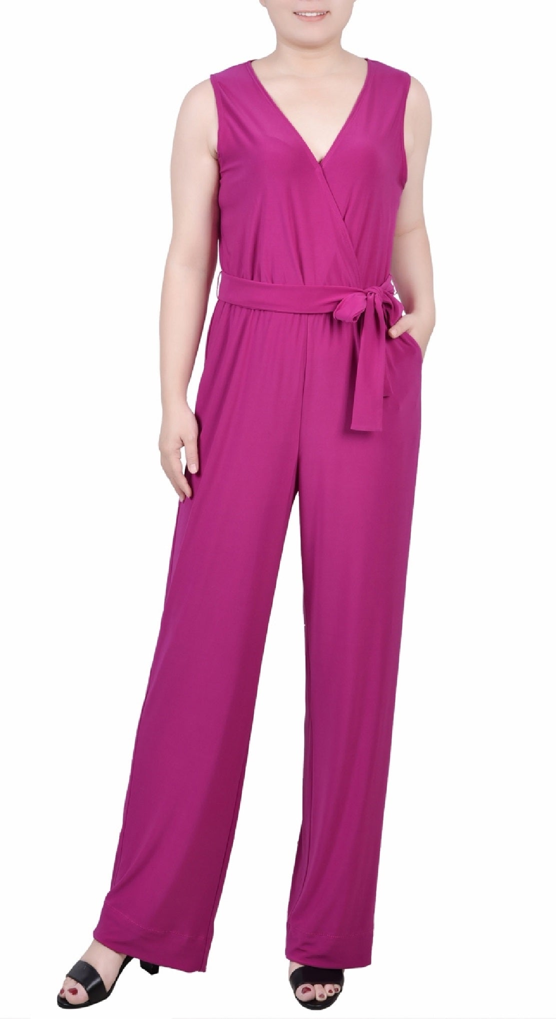 Macacão feminino NY Collection com sobrepeliz e cinto, perna larga, roxo, tamanho pequeno, extragrande